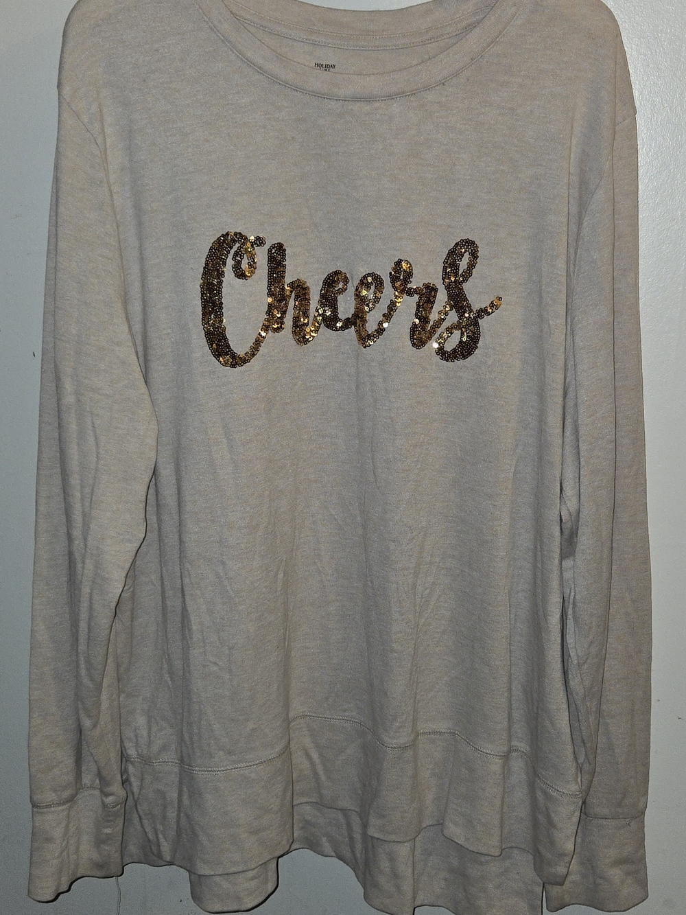 Holiday Time Cream Long Sleeve 'Cheers' Sequin Top